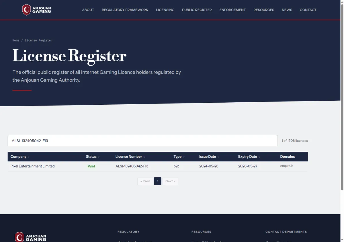 Anjouan licence register entry for Pixel Entertainment Limited