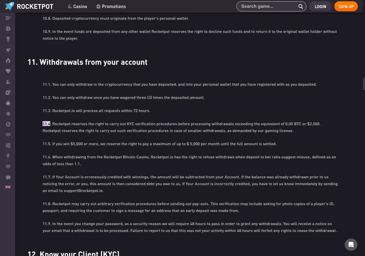 Rocketpot terms, section 11 withdrawals, clause 11.4 highlighted