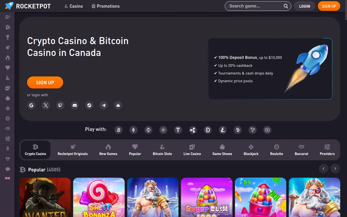 Rocketpot home page with coin list