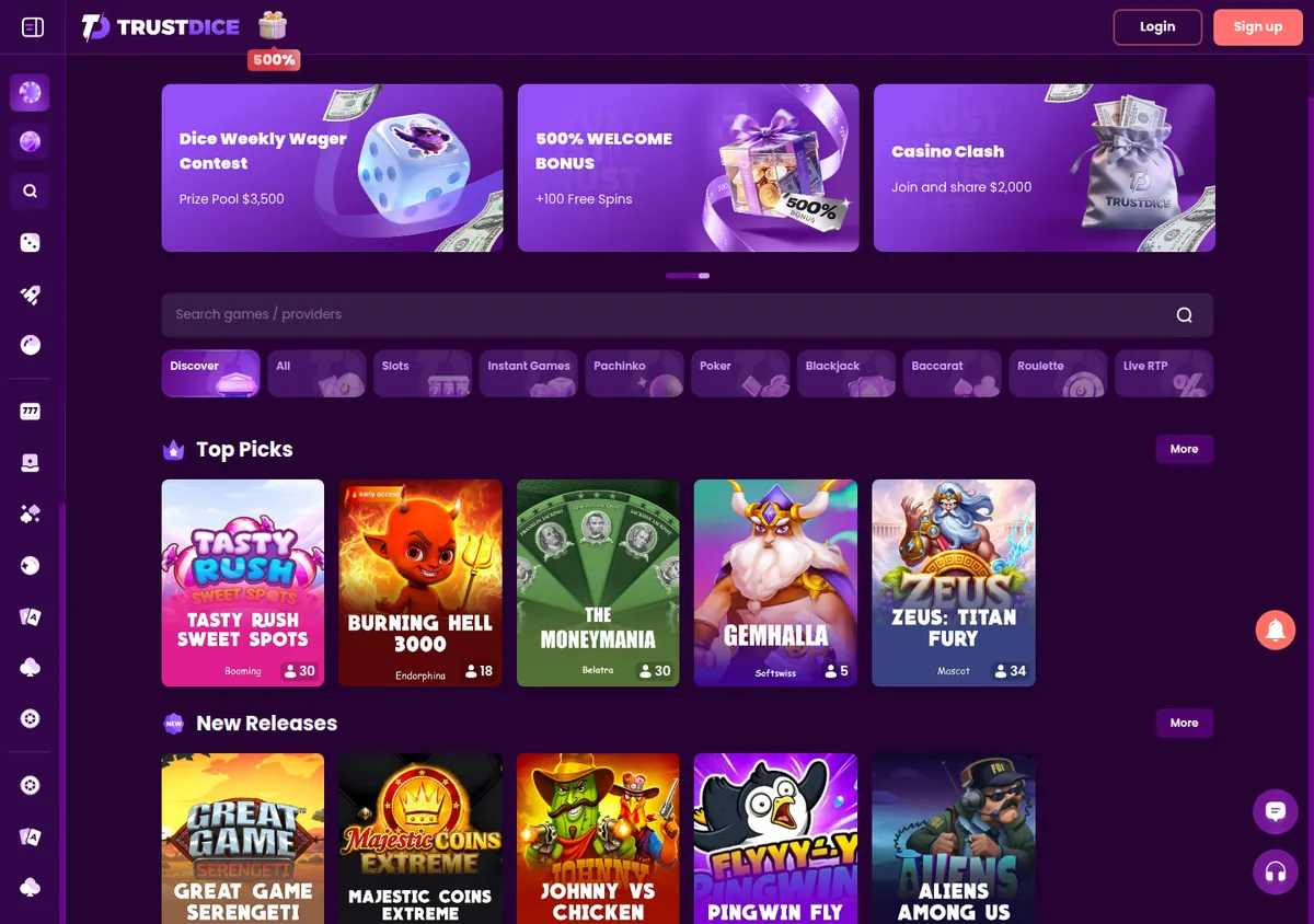 TrustDice home page with welcome offer