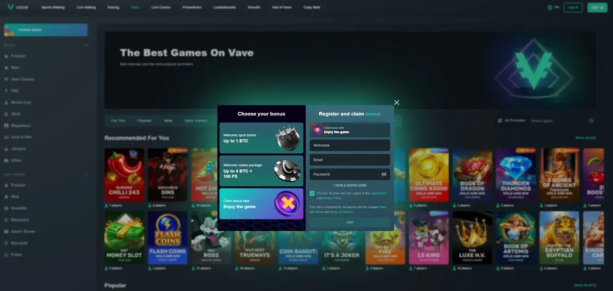 Vave lobby with the sign-up form open