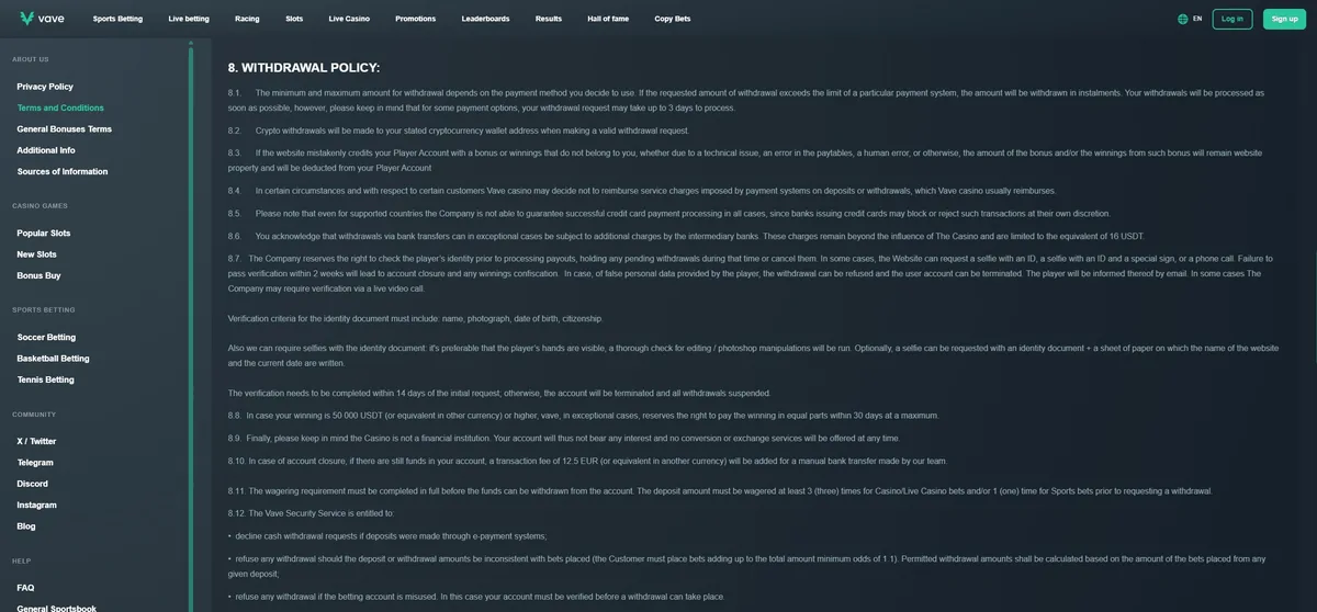 Vave terms, section 8 withdrawal policy